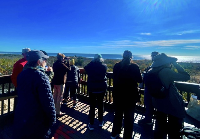 A group on top of a tall lookout point using binoculars